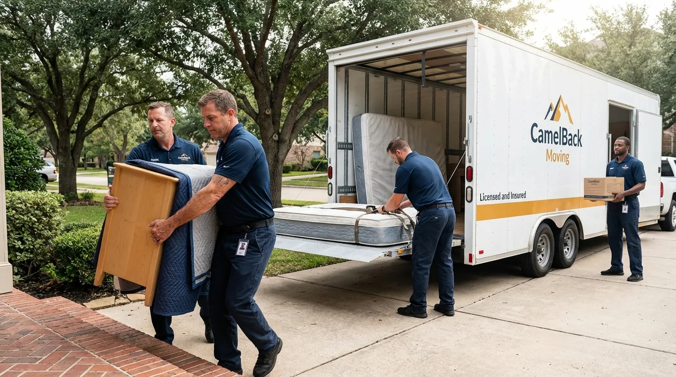 Crew loading residential truck for cross-state move from Denmark, WI