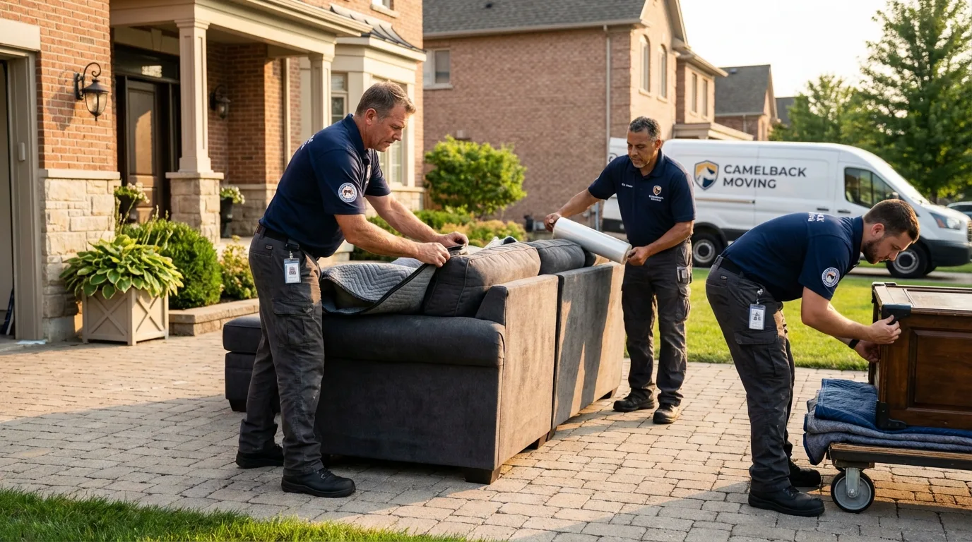 Large estate moving crew wrapping furniture in Denmark, WI