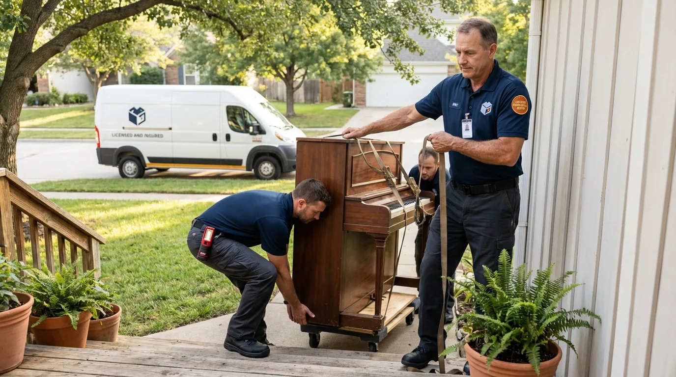 Licensed piano movers securing grand piano in Denmark, WI