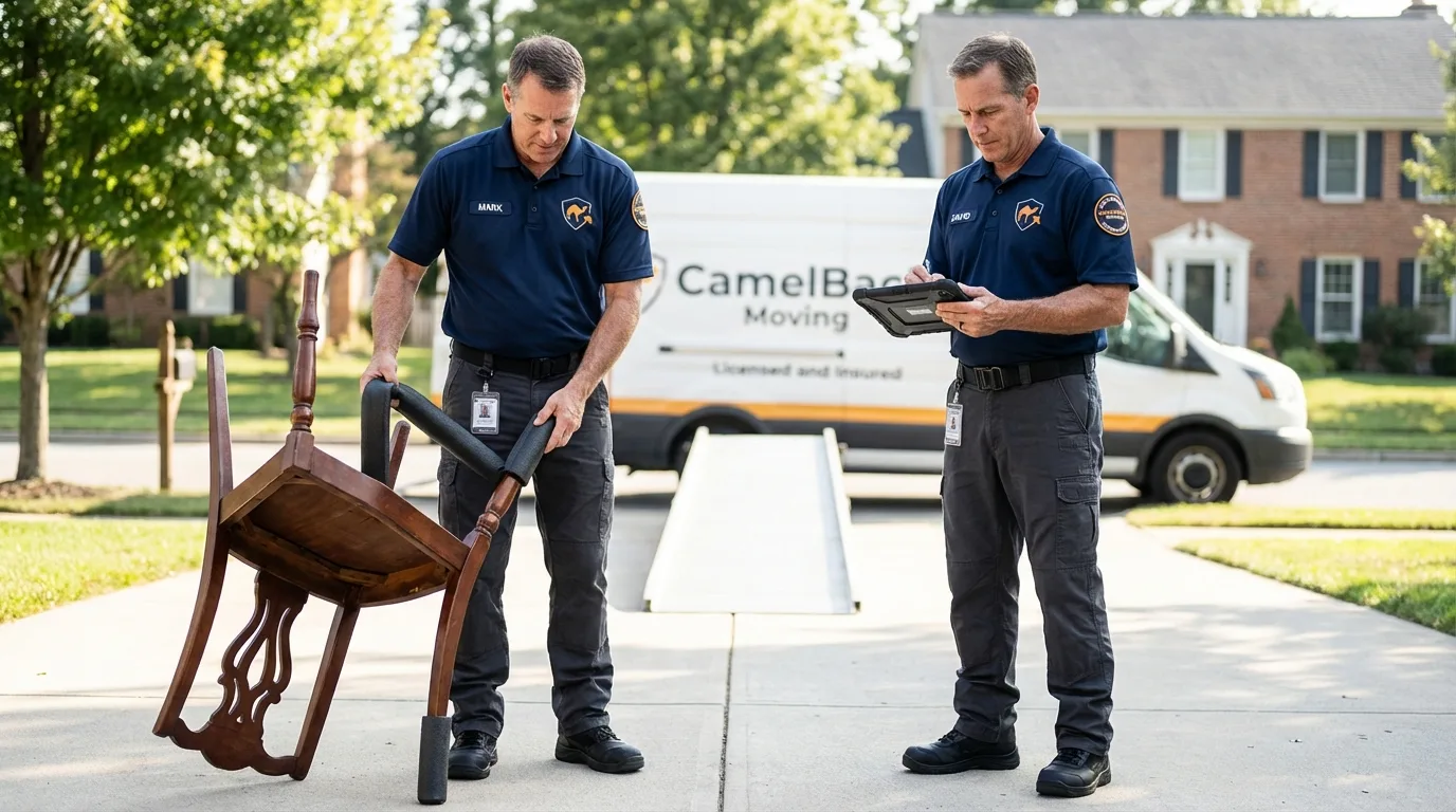 Movers inspecting furniture for damage prevention before loading in Denmark, WI