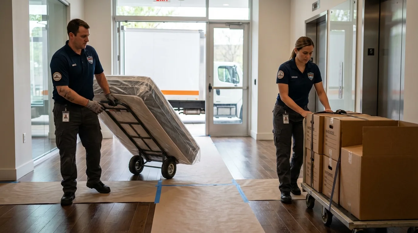 Professional apartment movers loading elevator in Denmark, WI