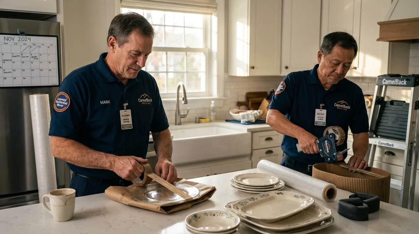 Professional crew packing kitchen dishware in Denmark, WI